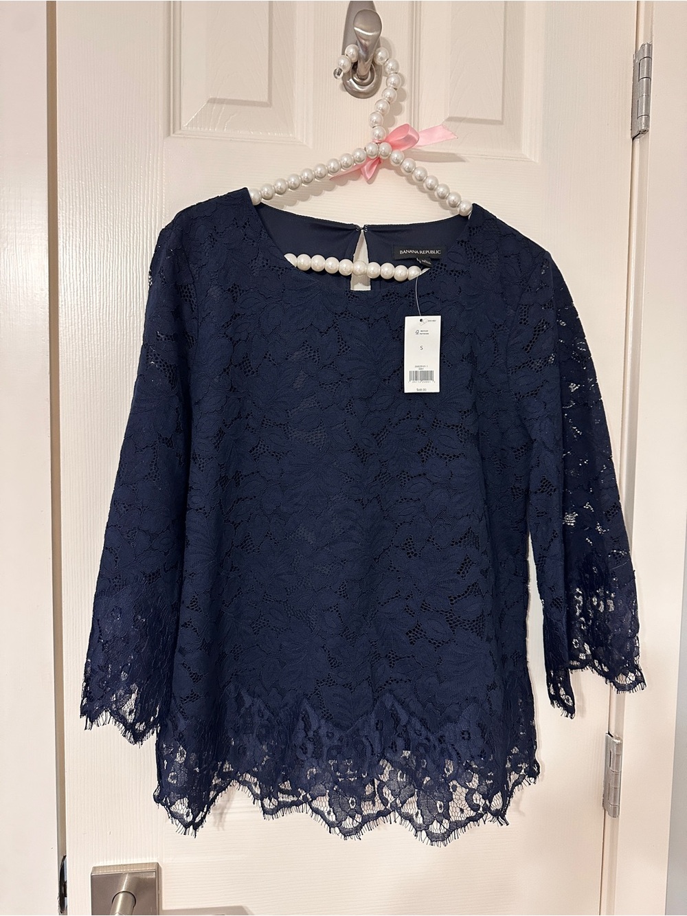 Banana Republic Navy Lace Blouse with Scalloped Hem